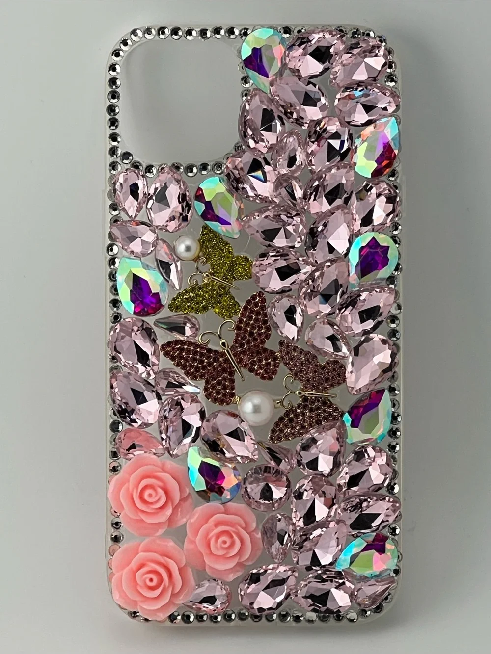 Pink Crystal Butterfly & Rose Embellished Phone 15 plus Case